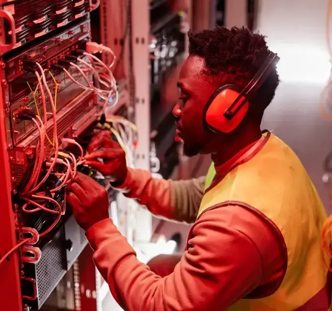 Commercial electrician in Melbourne working on network rack wiring and data cabling