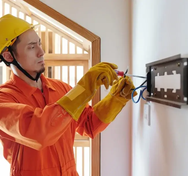 Licensed domestic electrician in Melbourne installing wall wiring and electrical fittings
